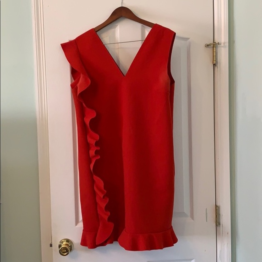 MSGM Ruffled Red Shift Dress With Pockets